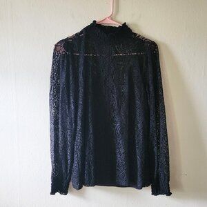 Beautiful High Neck Long Sleeve Black Lace Blouse with Cami Lining Size M